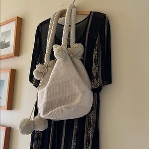 Columbian Hand Woven Wayuu Mochila Drawstring Bucket Bag with Pom Tassels